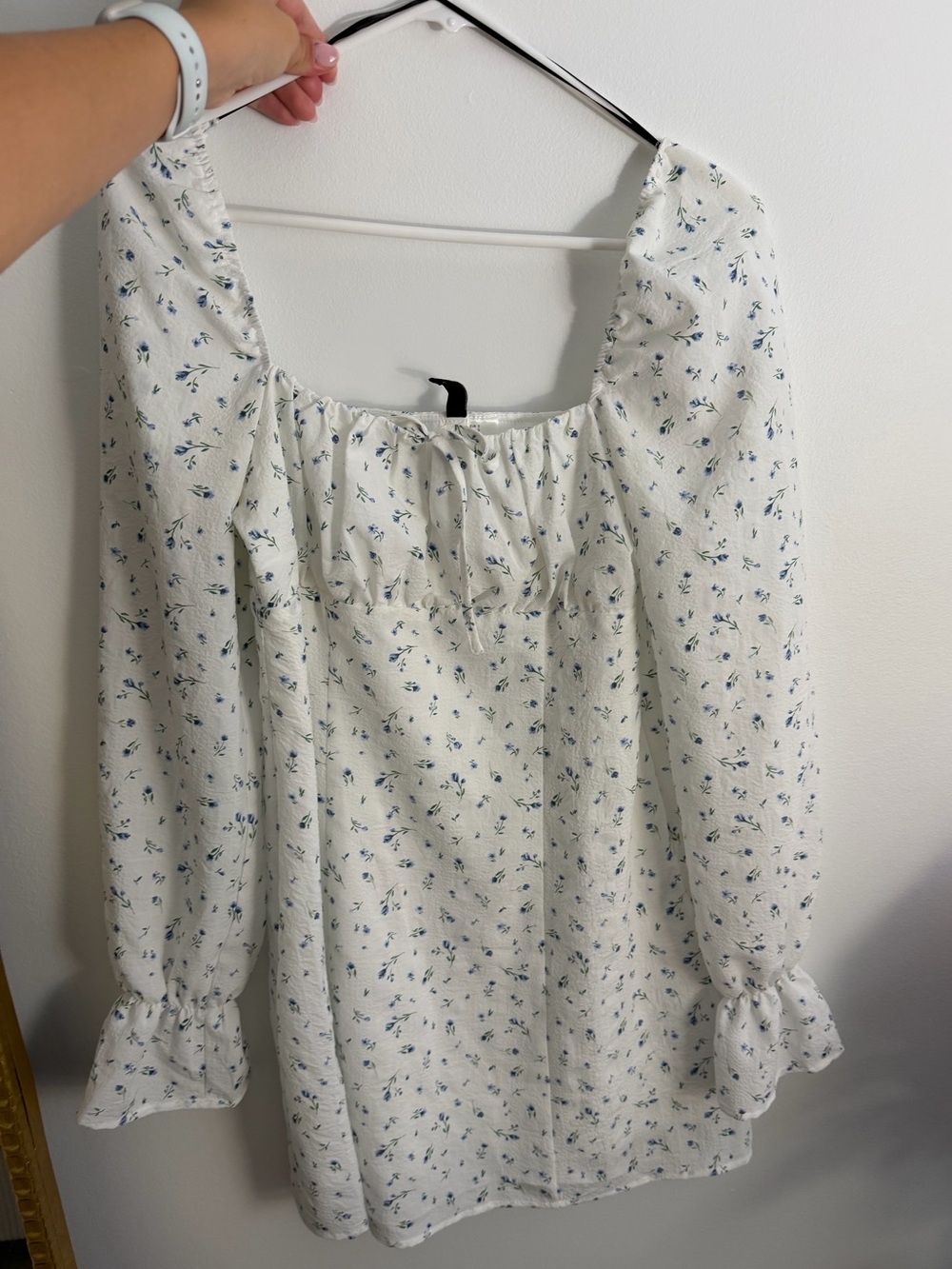 H&M Cream Square-Neck mini dress with Blue Floral Print